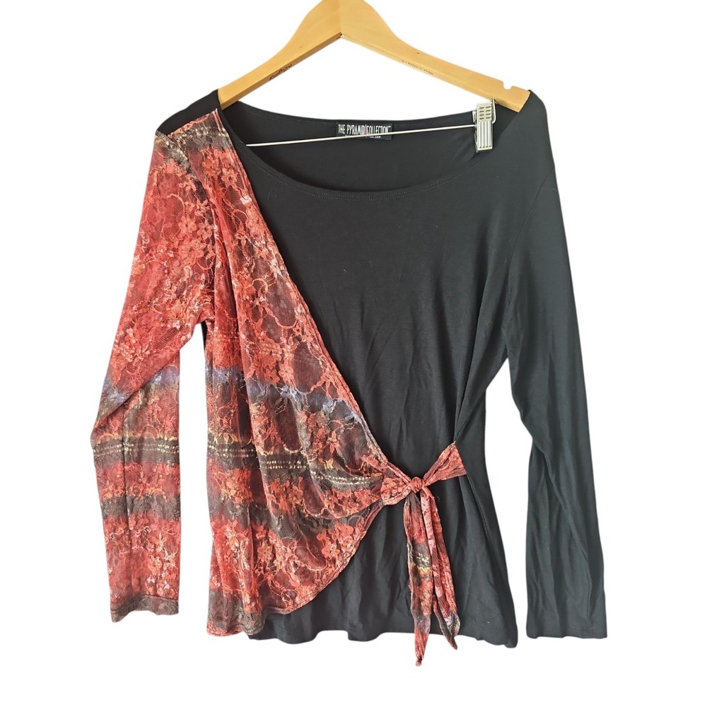 THE PYRAMID COLLECTION Contrast Lace Tie Front Hippie‎ Boho Renaissance Top sz L